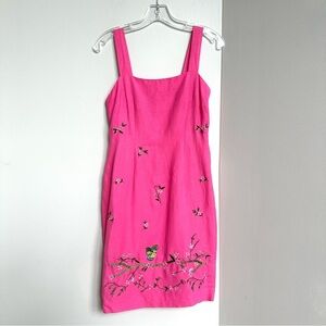Vintage Linen Blend Embroidered Donna Morgan Sheath Dress Floral + Birds Pink
